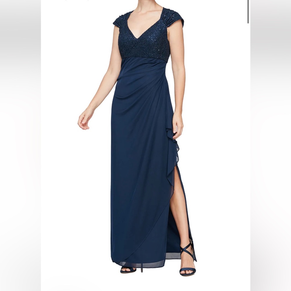 Alex Evenings navy blue long cap sleeve dress with leg slit.